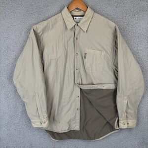 Columbia Shooting Shirt Mens Large Beige Nylon Lined Hunting Shoulder Patch